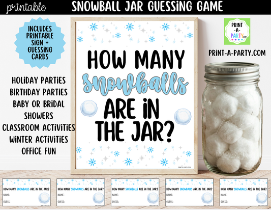 Snowball Jar Guessing Game Printable Sign (8x10) + Guessing Cards - How Many Snowballs In the Jar Party Decor