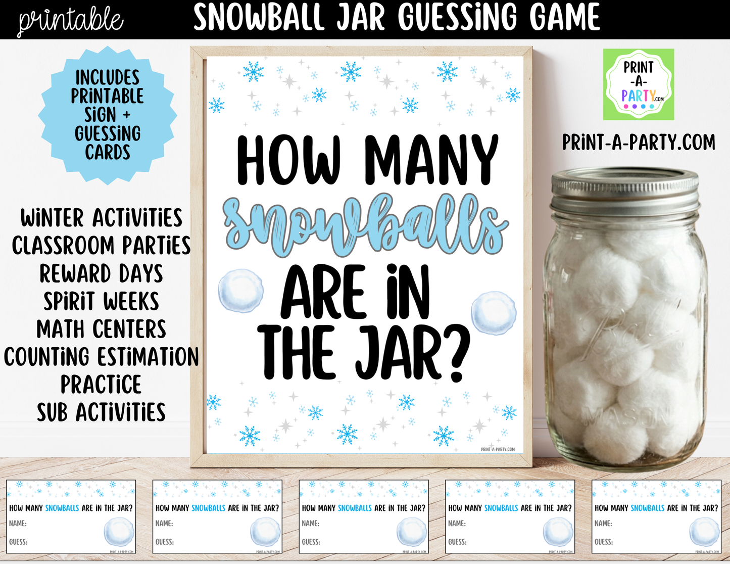 Snowball Jar Guessing Game Printable Sign (8x10) + Guessing Cards - How Many Snowballs In the Jar Party Decor