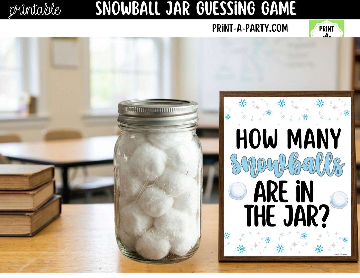 Snowball Jar Guessing Game Printable Sign (8x10) + Guessing Cards - How Many Snowballs In the Jar Party Decor