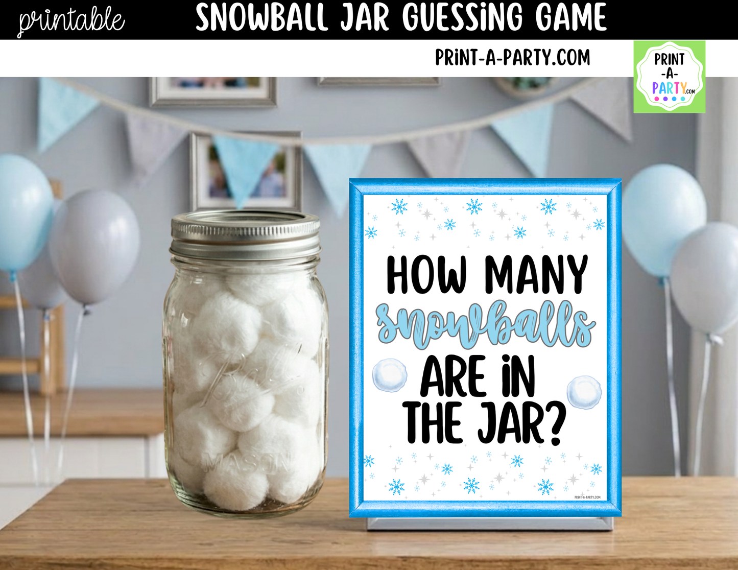 Snowball Jar Guessing Game Printable Sign (8x10) + Guessing Cards - How Many Snowballs In the Jar Party Decor