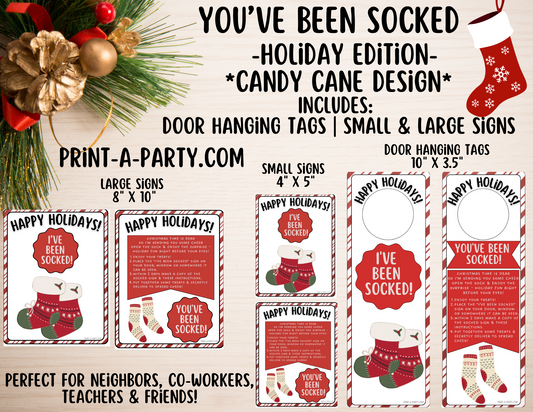 GIFT IDEA: You've Been Socked Holiday Gift Printable - Candy Cane Design | Neighbor Gift Idea | Co-Worker Gift Idea | Teacher Holiday Gifts