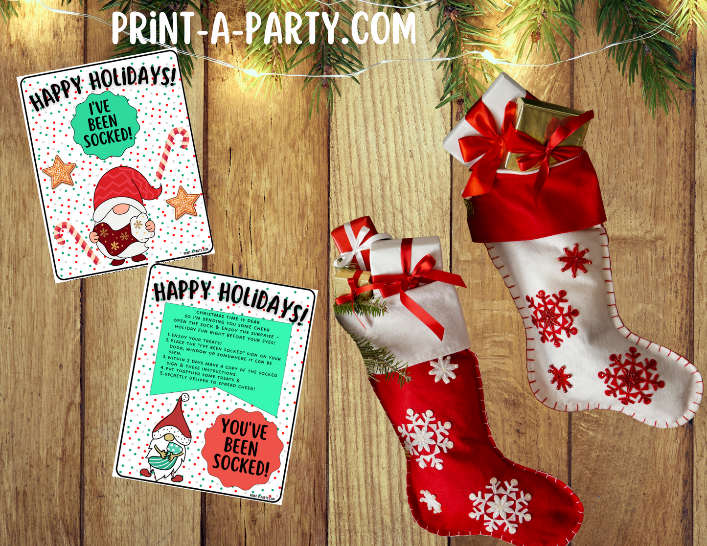 GIFT IDEA: You've Been Socked Holiday Gift Printable - Christmas Gnomes Design | Neighbor Gift Idea | Co-Worker Gift Idea | Teacher Holiday Gifts