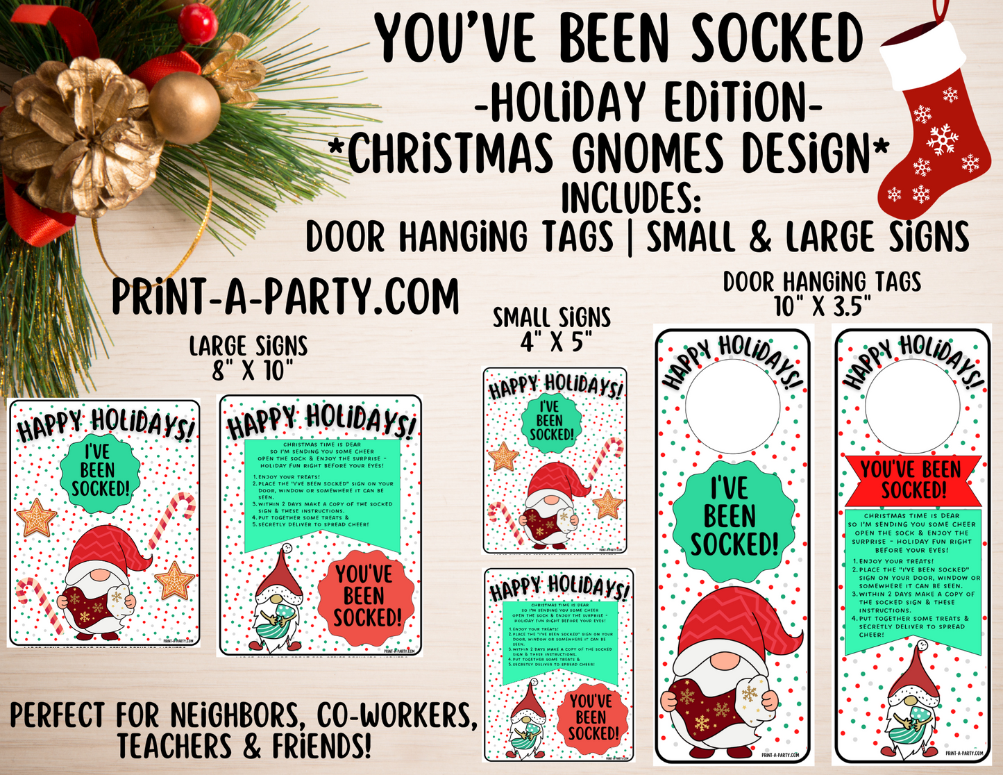 GIFT IDEA: You've Been Socked Holiday Gift Printable - Christmas Gnomes Design | Neighbor Gift Idea | Co-Worker Gift Idea | Teacher Holiday Gifts