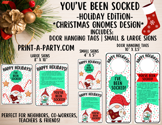 GIFT IDEA: You've Been Socked Holiday Gift Printable - Christmas Gnomes Design | Neighbor Gift Idea | Co-Worker Gift Idea | Teacher Holiday Gifts