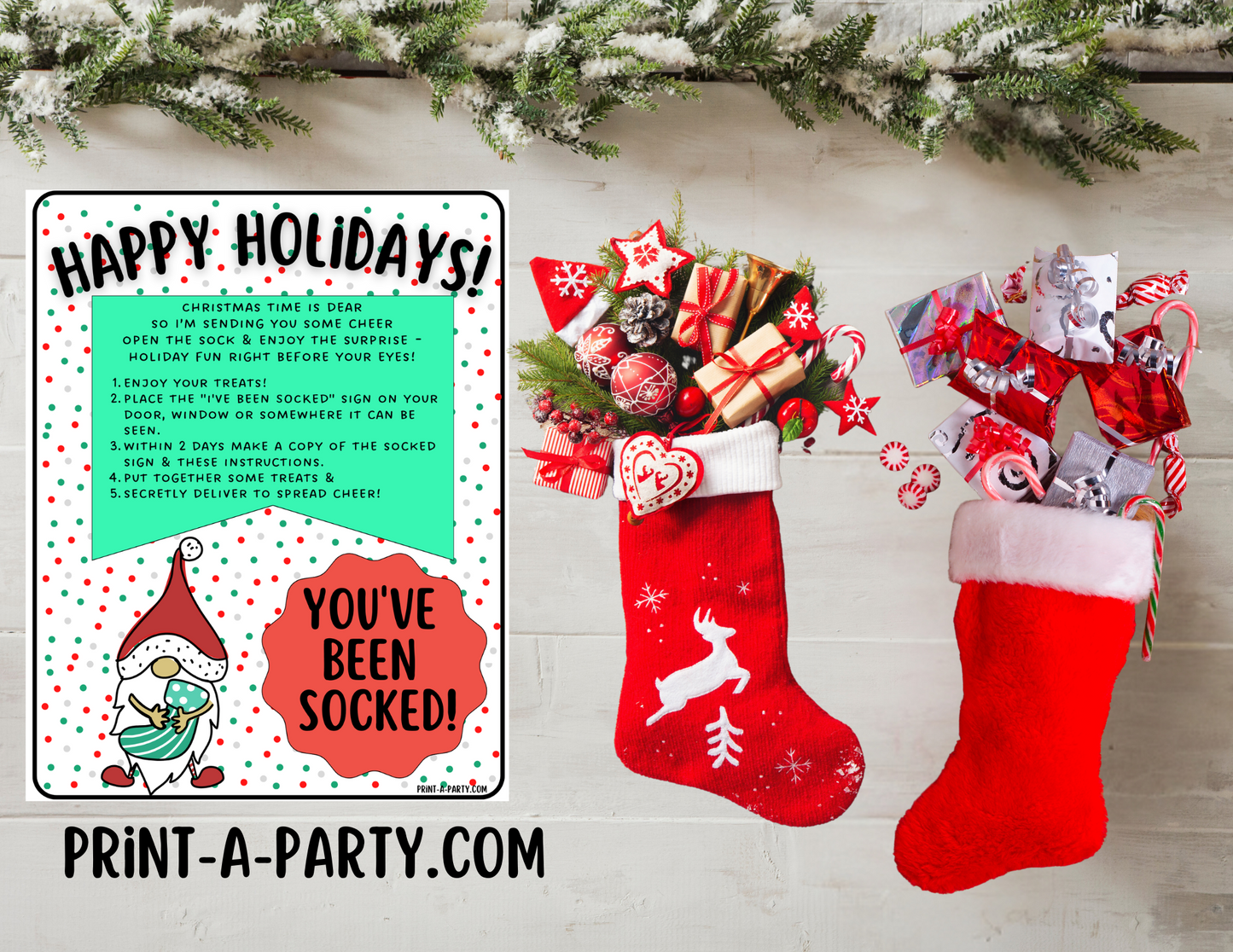 GIFT IDEA: You've Been Socked Holiday Gift Printable - Christmas Gnomes Design | Neighbor Gift Idea | Co-Worker Gift Idea | Teacher Holiday Gifts