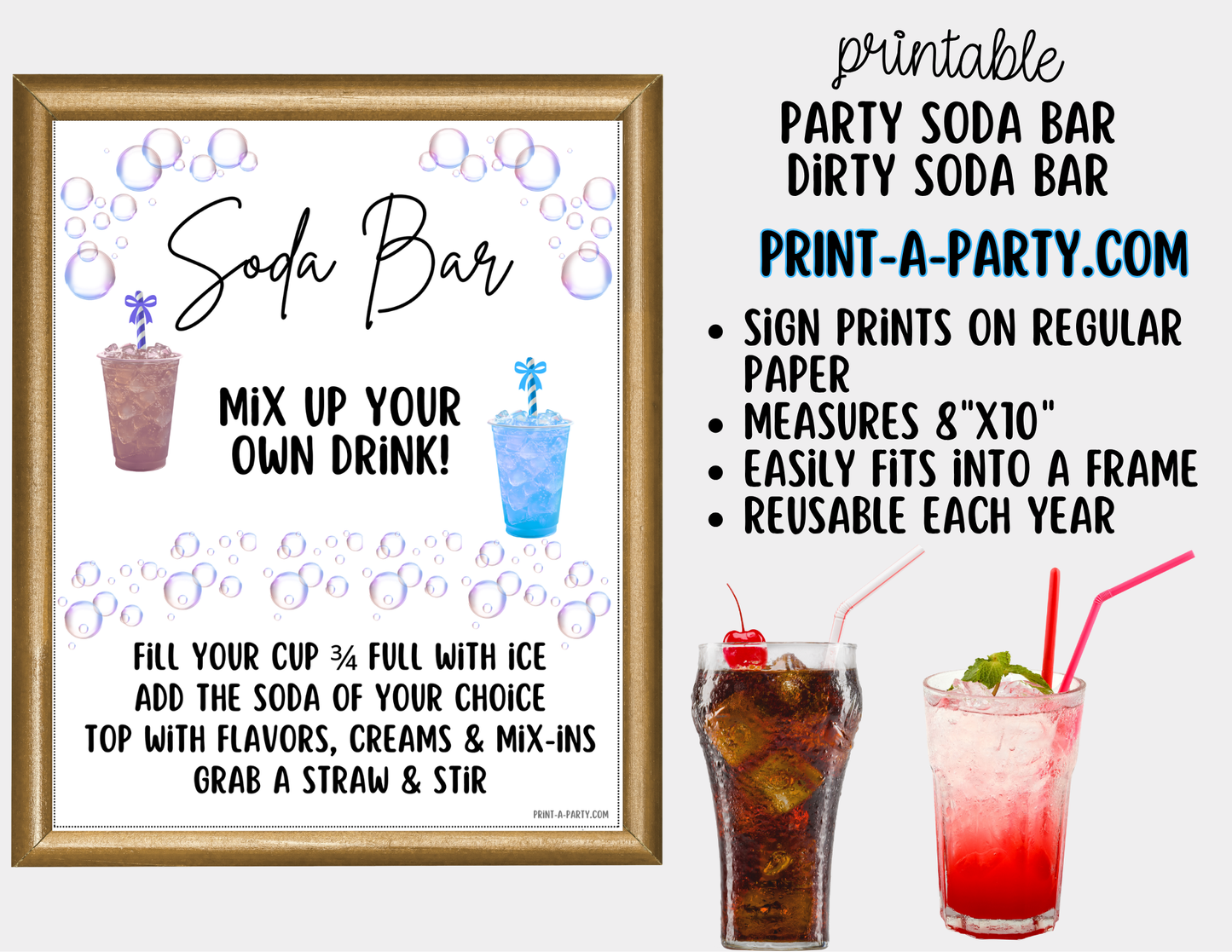 "Dirty" Soda Bar Kit - Printable Sign (8x10), Recipe Tent Cards (12 recipes!) + Shopping list