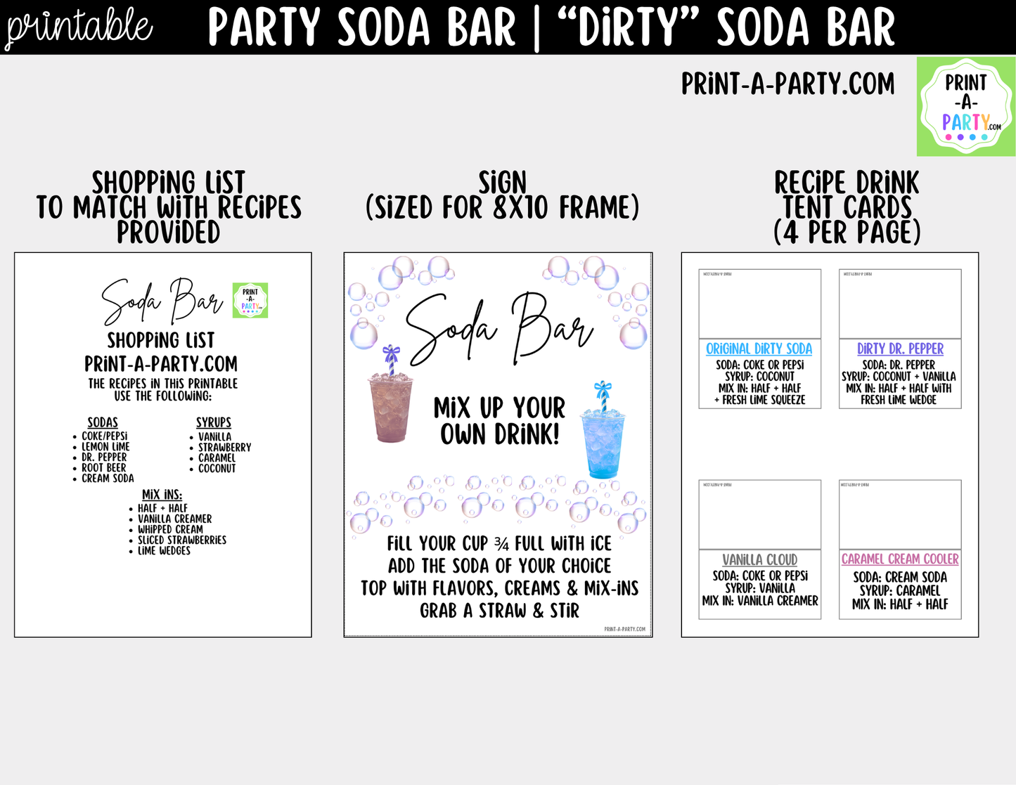 "Dirty" Soda Bar Kit - Printable Sign (8x10), Recipe Tent Cards (12 recipes!) + Shopping list