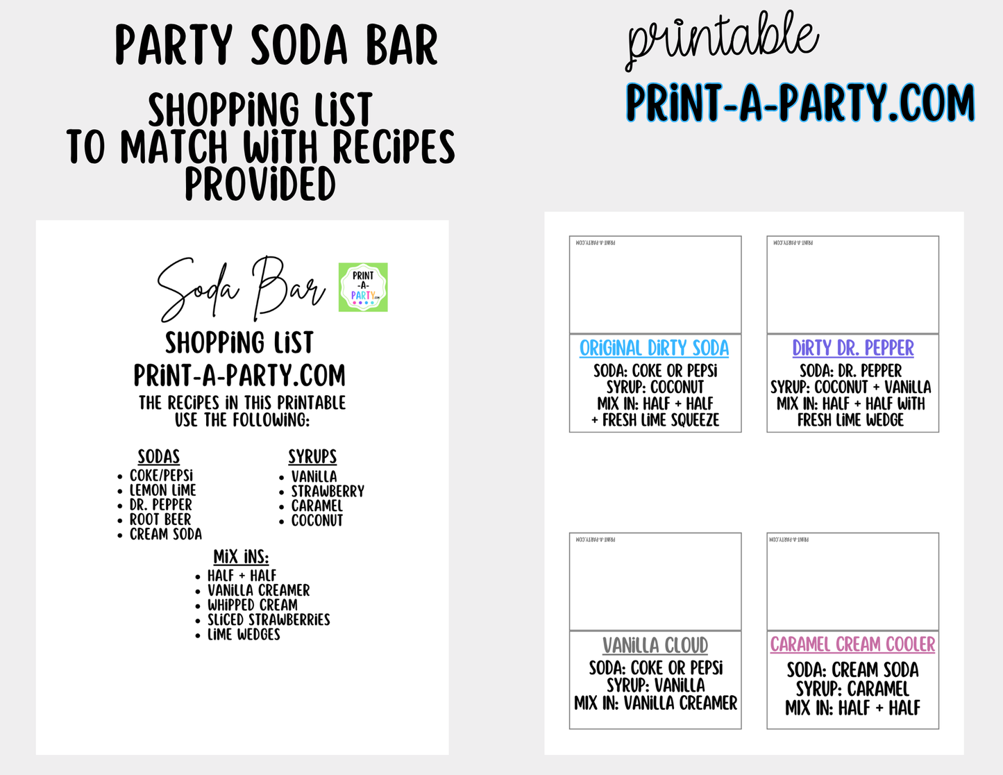 "Dirty" Soda Bar Kit - Printable Sign (8x10) & Recipe Tent Cards (12 recipes!)