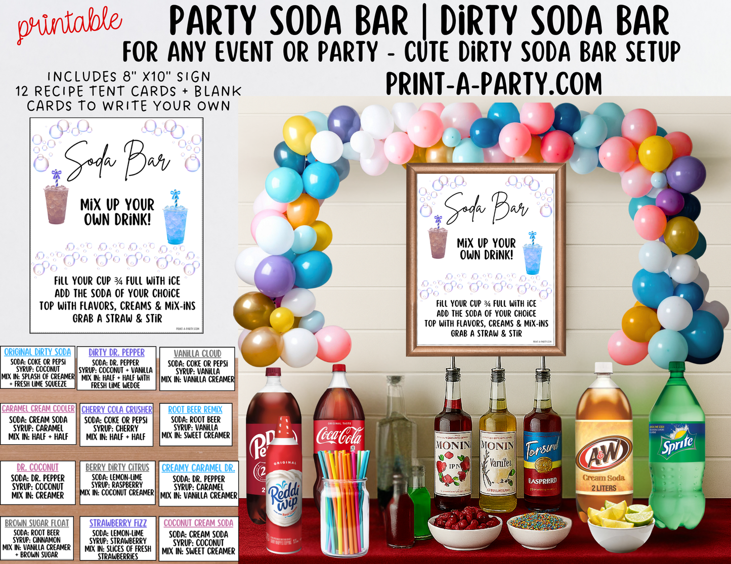 SODA BAR - Printable Soda Bar Kit - Dirty Soda Sign & Recipe Tent Cards (12 recipes!)