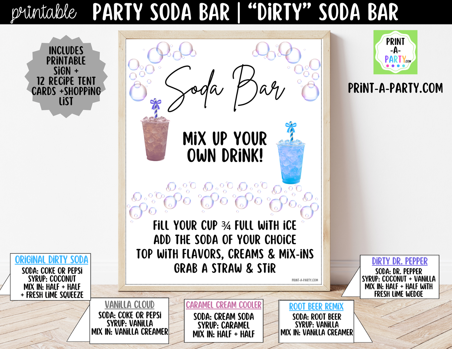 "Dirty" Soda Bar Kit - Printable Sign (8x10) & Recipe Tent Cards (12 recipes!)