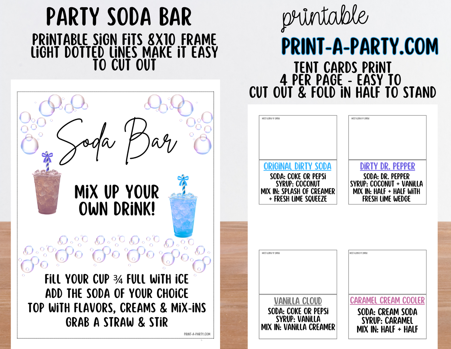 SODA BAR - Printable Soda Bar Kit - Dirty Soda Sign & Recipe Tent Cards (12 recipes!)