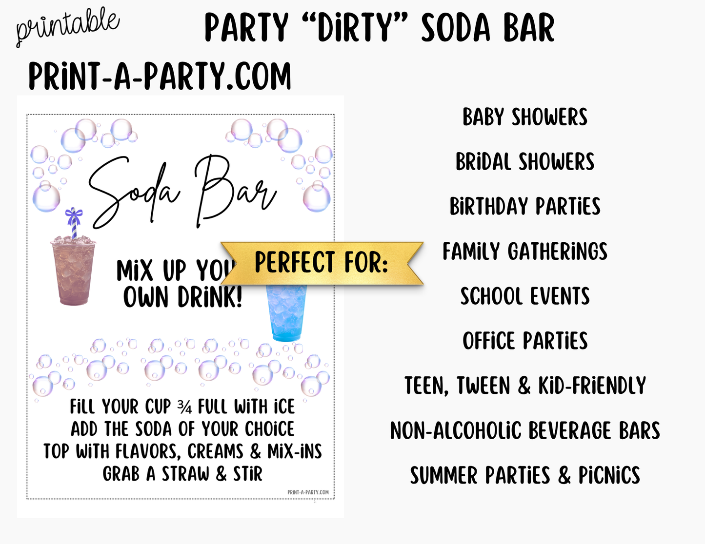 "Dirty" Soda Bar Kit - Printable Sign (8x10) & Recipe Tent Cards (12 recipes!)