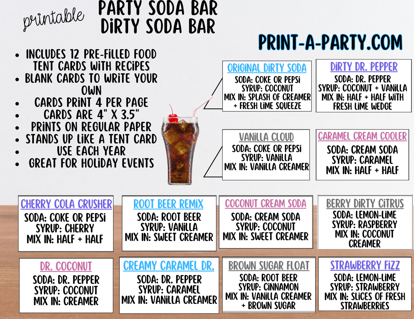 SODA BAR - Printable Soda Bar Kit - Dirty Soda Sign & Recipe Tent Cards (12 recipes!)