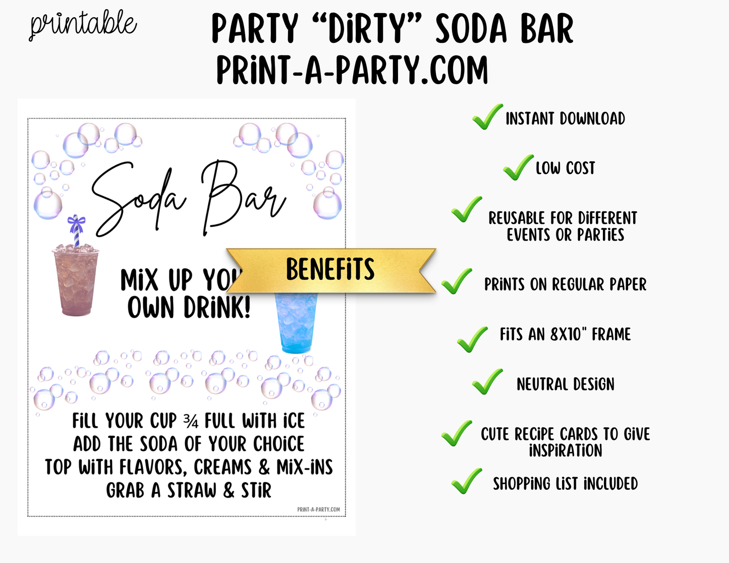 "Dirty" Soda Bar Kit - Printable Sign (8x10) & Recipe Tent Cards (12 recipes!)