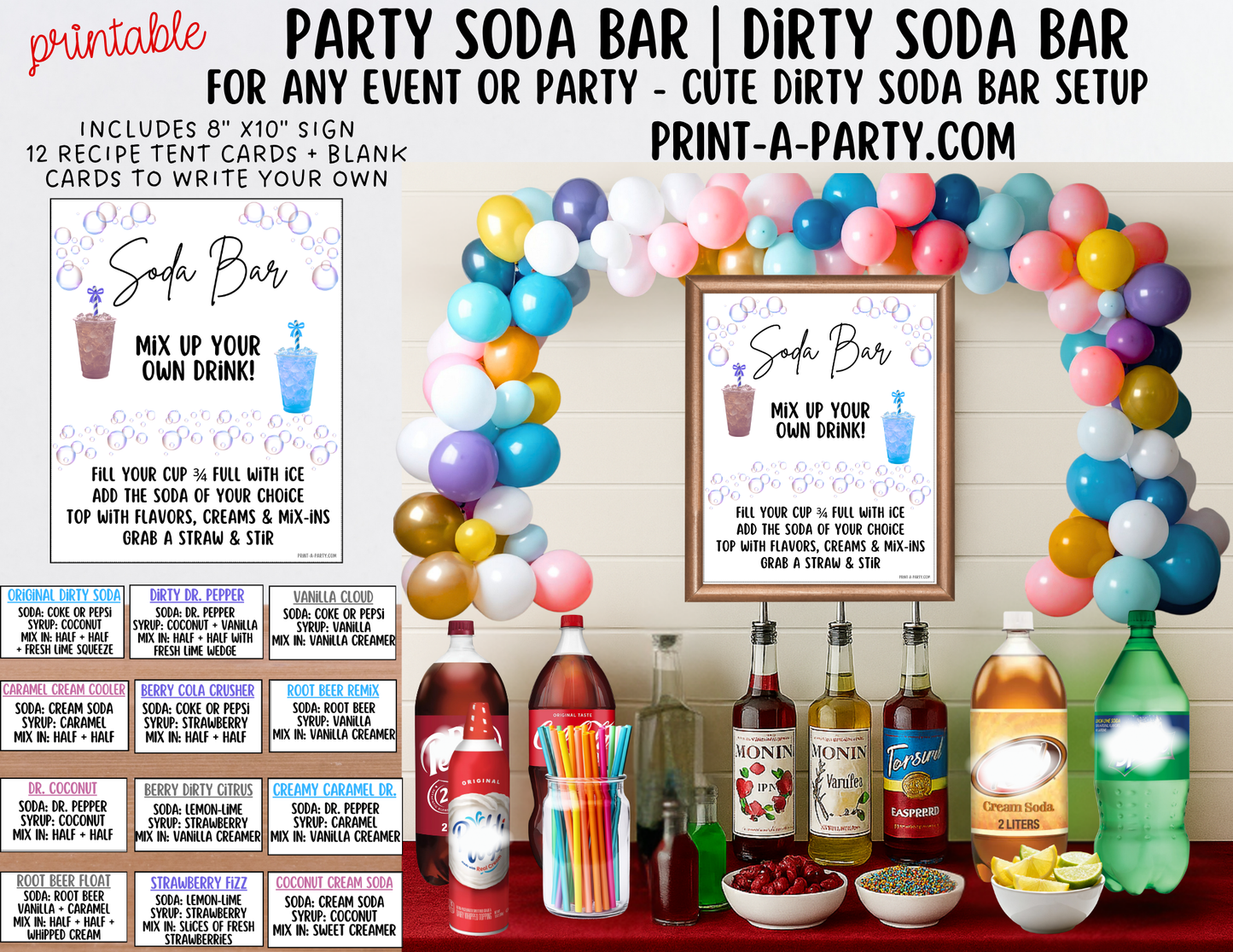"Dirty" Soda Bar Kit - Printable Sign (8x10) & Recipe Tent Cards (12 recipes!)