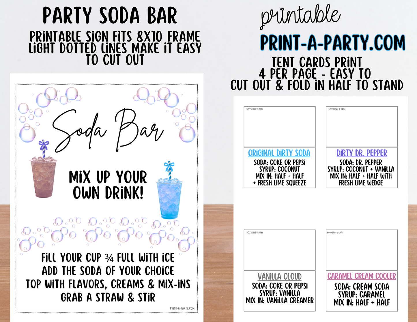 "Dirty" Soda Bar Kit - Printable Sign (8x10) & Recipe Tent Cards (12 recipes!)