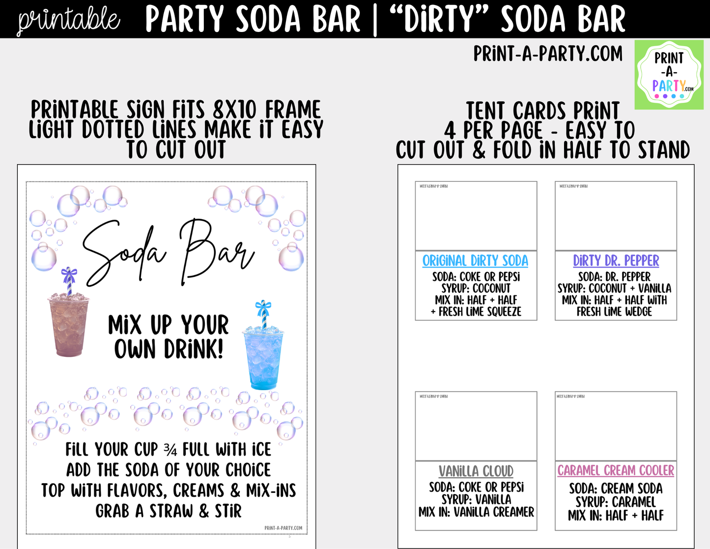 "Dirty" Soda Bar Kit - Printable Sign (8x10), Recipe Tent Cards (12 recipes!) + Shopping list
