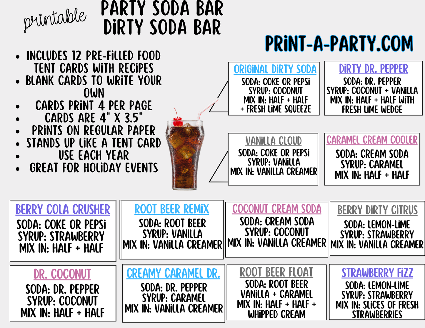"Dirty" Soda Bar Kit - Printable Sign (8x10) & Recipe Tent Cards (12 recipes!)