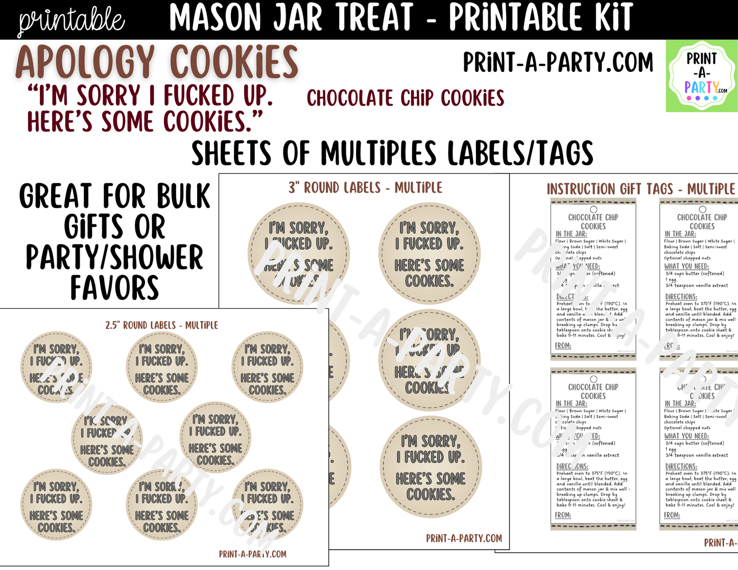 Apology (Dark Humor) Cookies in a Mason Jar Gift Printable Kit - Labels, Tag, Recipe & Instructions - I'm Sorry I Fucked Up - Here's Some Cookies