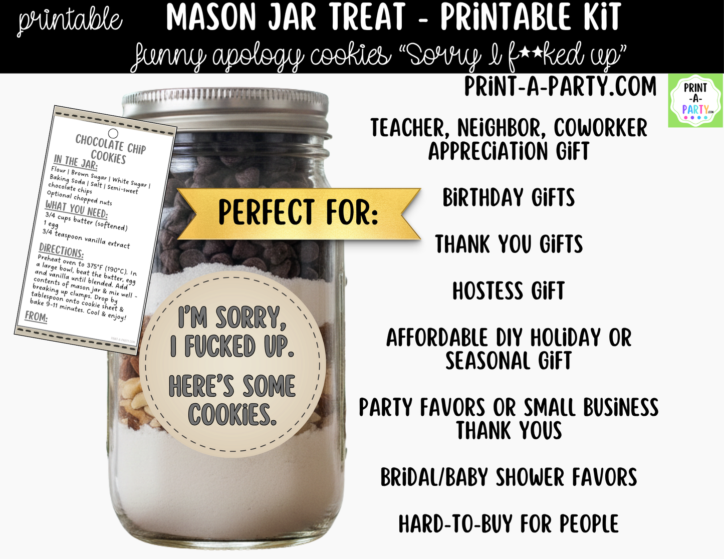 Apology (Dark Humor) Cookies in a Mason Jar Gift Printable Kit - Labels, Tag, Recipe & Instructions - I'm Sorry I Fucked Up - Here's Some Cookies