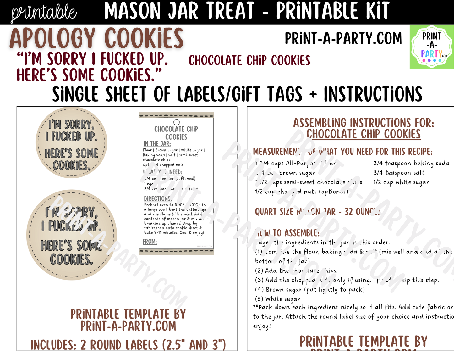 Apology (Dark Humor) Cookies in a Mason Jar Gift Printable Kit - Labels, Tag, Recipe & Instructions - I'm Sorry I Fucked Up - Here's Some Cookies