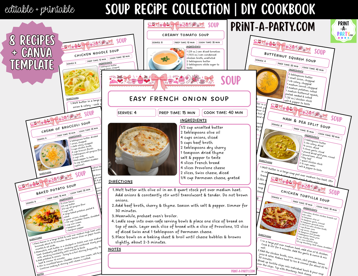 Soup Recipe Pages Printable & Editable Cookbook Set