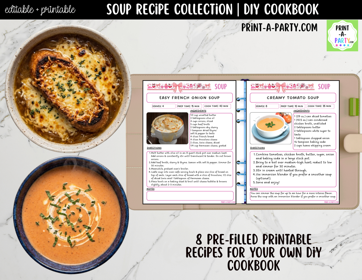 Soup Recipe Pages Printable & Editable Cookbook Set