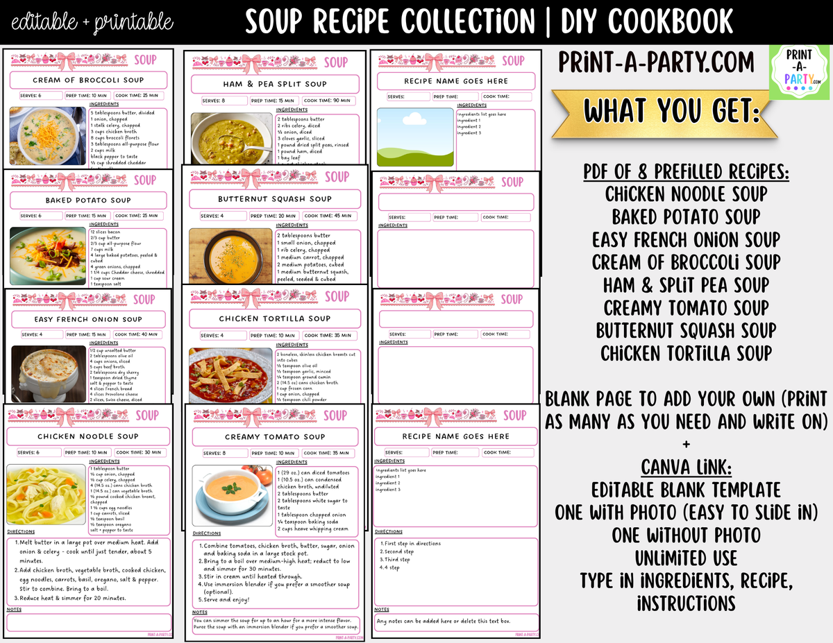 Soup Recipe Pages Printable & Editable Cookbook Set