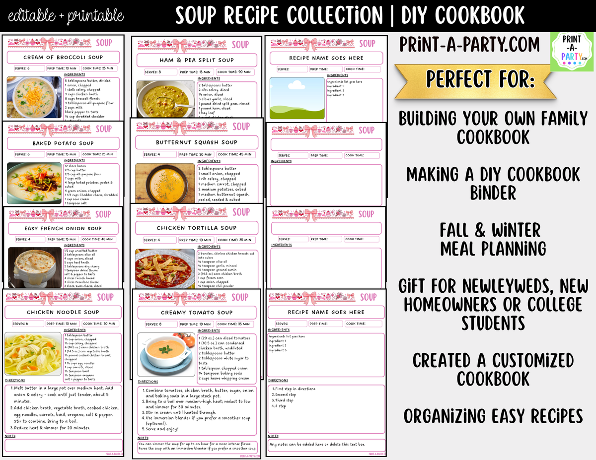 Soup Recipe Pages Printable & Editable Cookbook Set