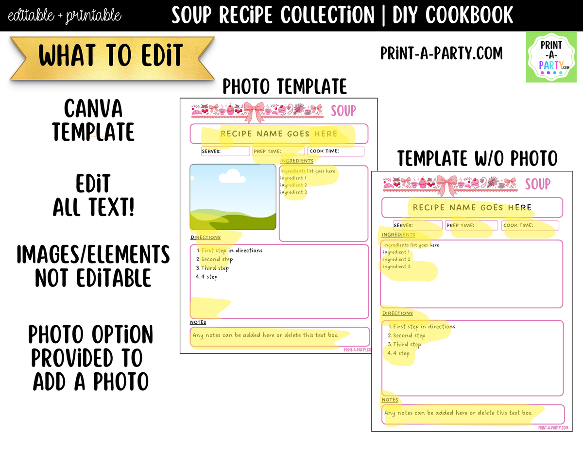 Soup Recipe Pages Printable & Editable Cookbook Set