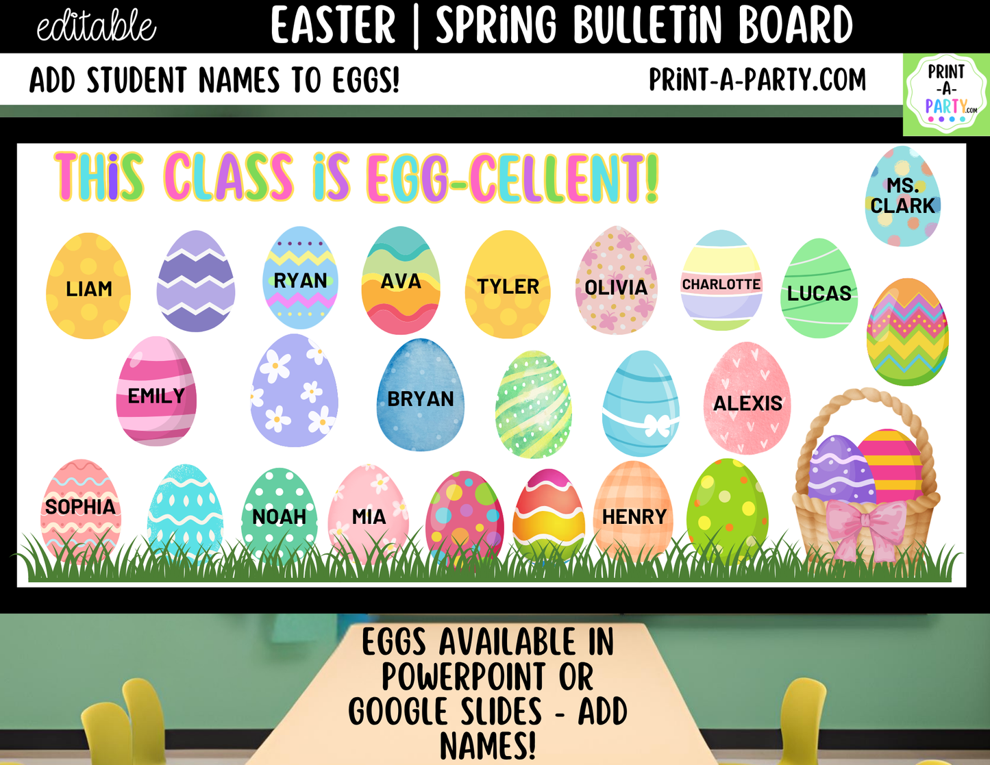 Easter Bulletin Board Kit | Spring Classroom Decor, Printable Classroom Display, Editable Egg Accents