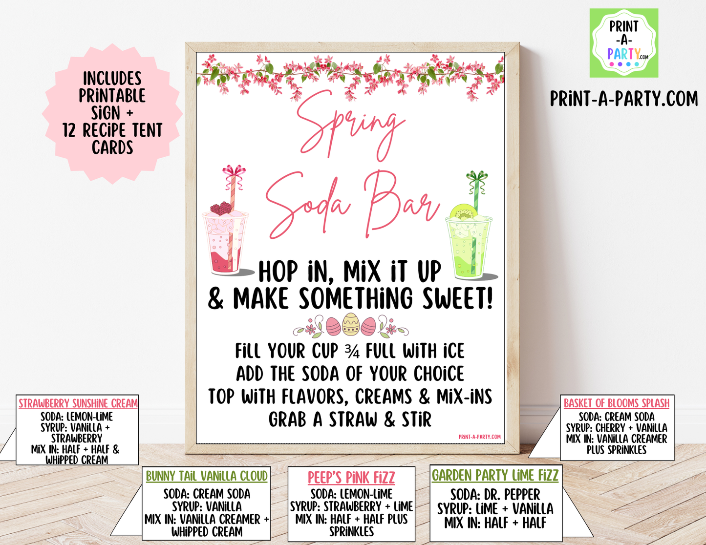 Spring (Easter) "Dirty" Soda Bar Printable Kit - Sign (8x10) & Recipe Tent Cards (12 recipes!) Drink Station Decor
