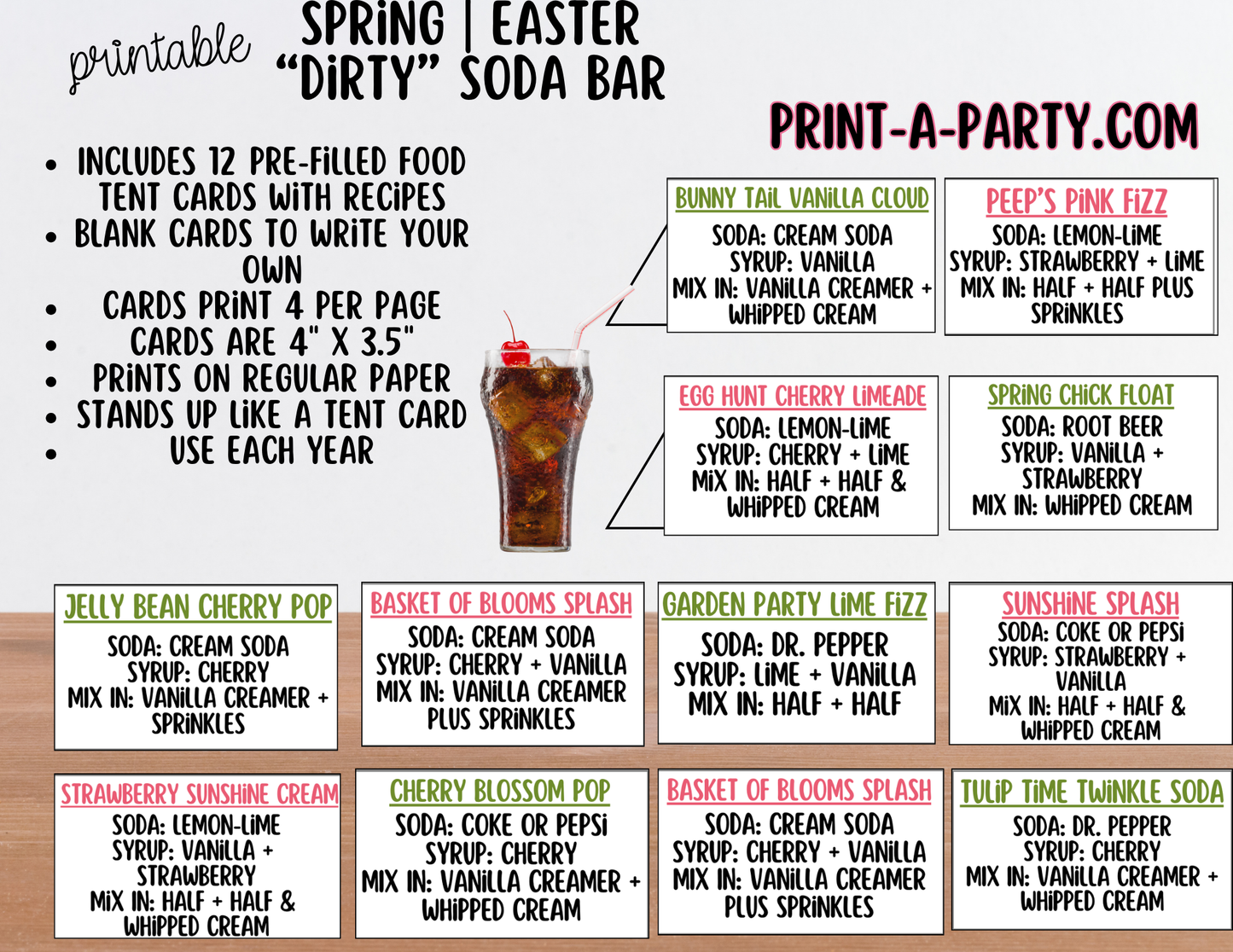 SODA BAR - Printable Spring (Easter) "Dirty" Soda Bar Printable Kit - Sign & Recipe Tent Cards (12 recipes!) Drink Station Decor