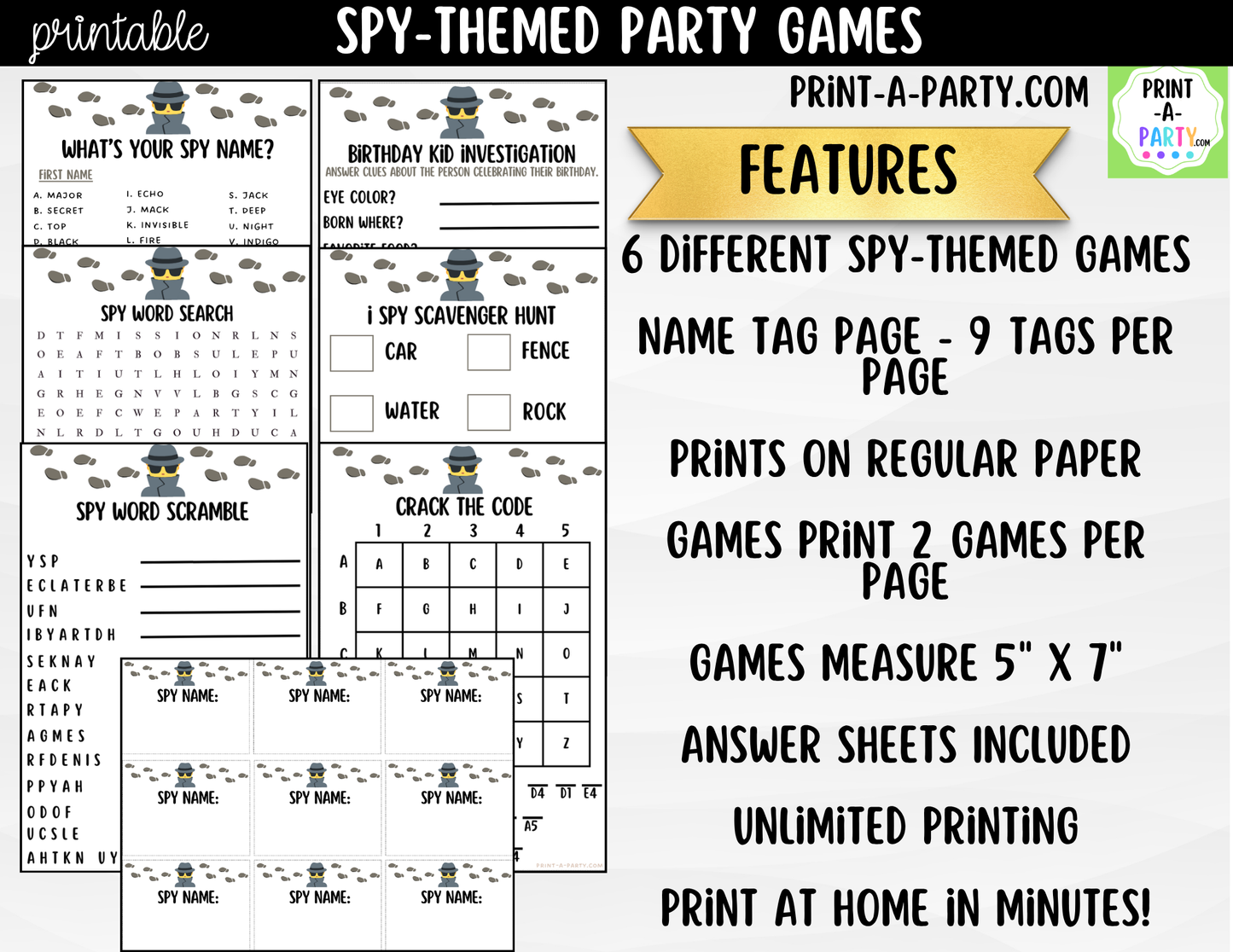 Spy Birthday Party Game Bundle | Detective Party Games | Printable Kids Party Activities