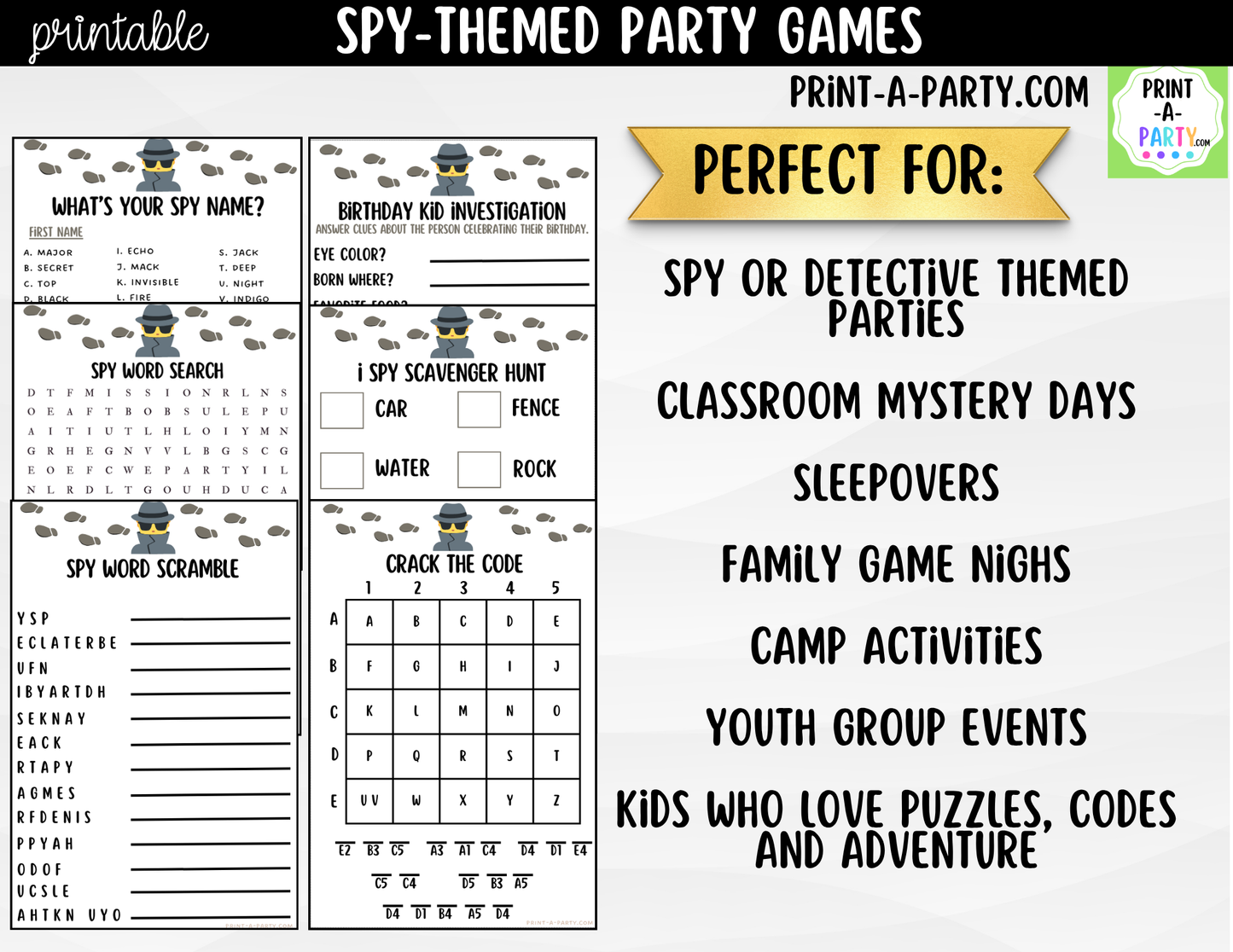 Spy Birthday Party Game Bundle | Detective Party Games | Printable Kids Party Activities