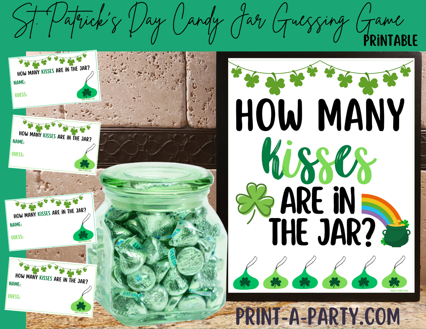 CANDY JAR GUESSING GAME - St. PATRICK'S DAY KISSES | How many kisses in jar | St. Patrick's Day Party | Printable