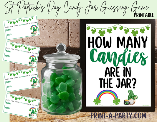 St. Patrick's Day Candy Jar Guessing Game Printable – Sign and cards for holiday parties, classrooms and events