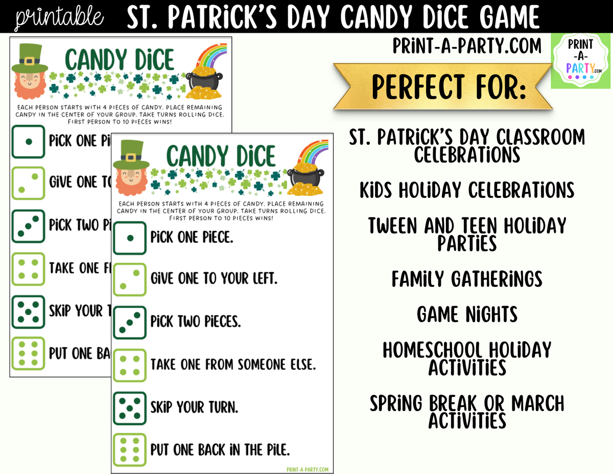 St. Patrick's Day Candy Dice Game Printable