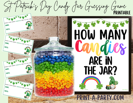 St. Patrick's Day Colorful Candy Jar Guessing Game Printable – Sign and cards for holiday parties, classrooms and events