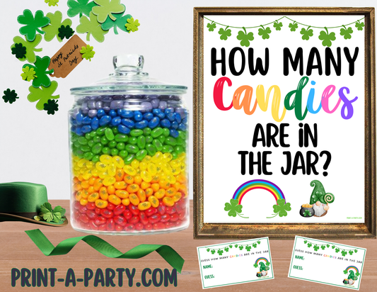 St. Patrick's Day Colorful Candy Jar Guessing Game Printable – Sign and cards for holiday parties, classrooms and events