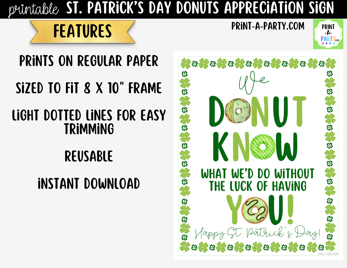 St. Patrick's Day Donut Appreciation Sign Printable