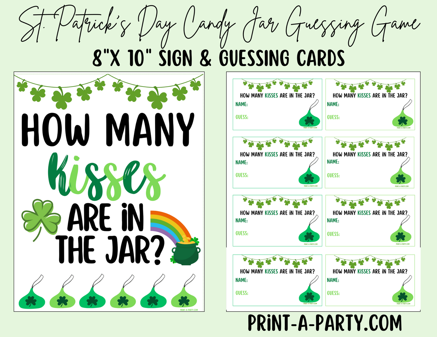 St. Patrick's Day Kisses Candy Jar Guessing Game Printable – Sign and cards for holiday parties, classrooms and events