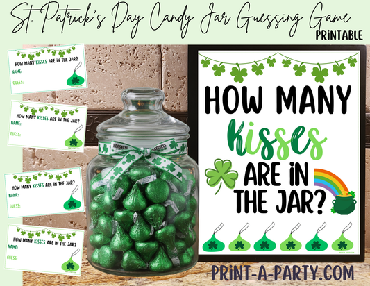 St. Patrick's Day Kisses Candy Jar Guessing Game Printable – Sign and cards for holiday parties, classrooms and events