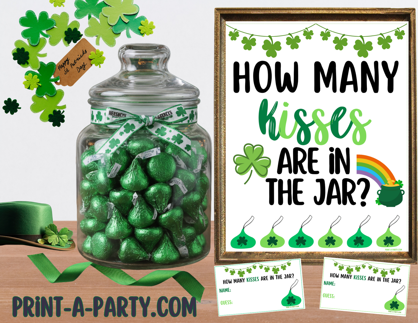 St. Patrick's Day Kisses Candy Jar Guessing Game Printable – Sign and cards for holiday parties, classrooms and events
