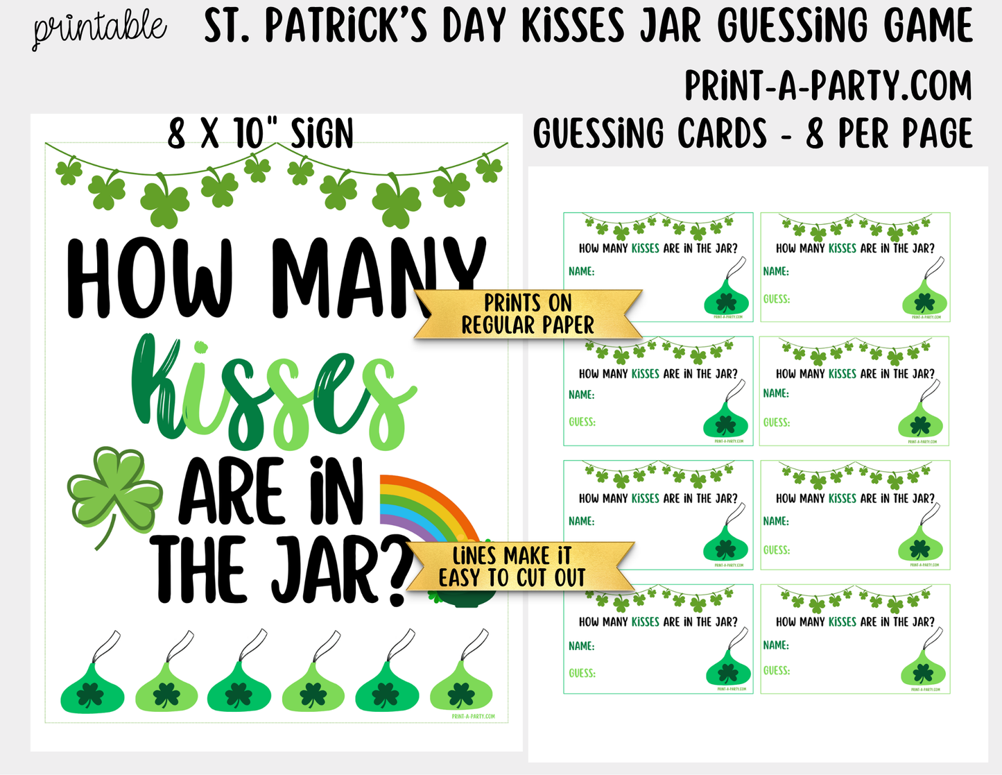 St. Patrick's Day Kisses Jar Game Printable Sign (8x10) and Guessing Cards for Holiday Parties