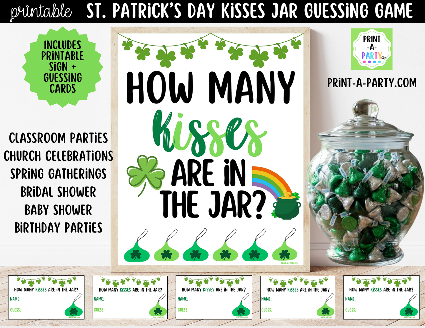 St. Patrick's Day Kisses Jar Game Printable Sign (8x10) and Guessing Cards for Holiday Parties