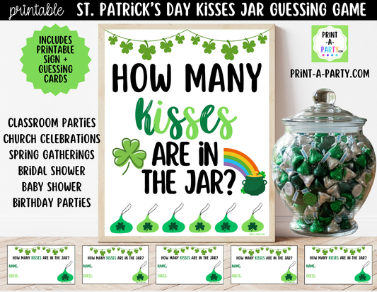 St. Patrick's Day Kisses Jar Game Printable Sign (8x10) and Guessing Cards for Holiday Parties