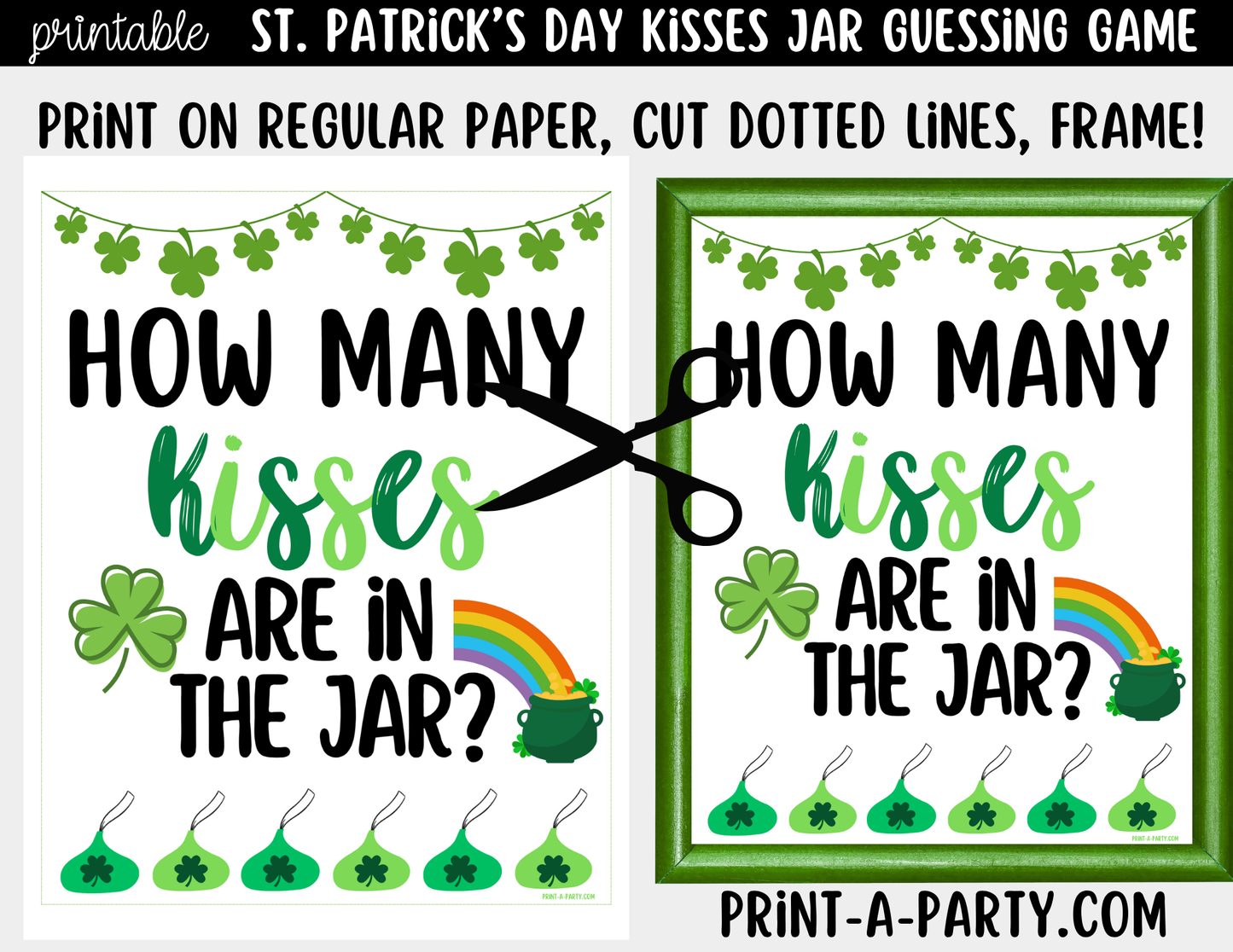 St. Patrick's Day Kisses Jar Game Printable Sign (8x10) and Guessing Cards for Holiday Parties