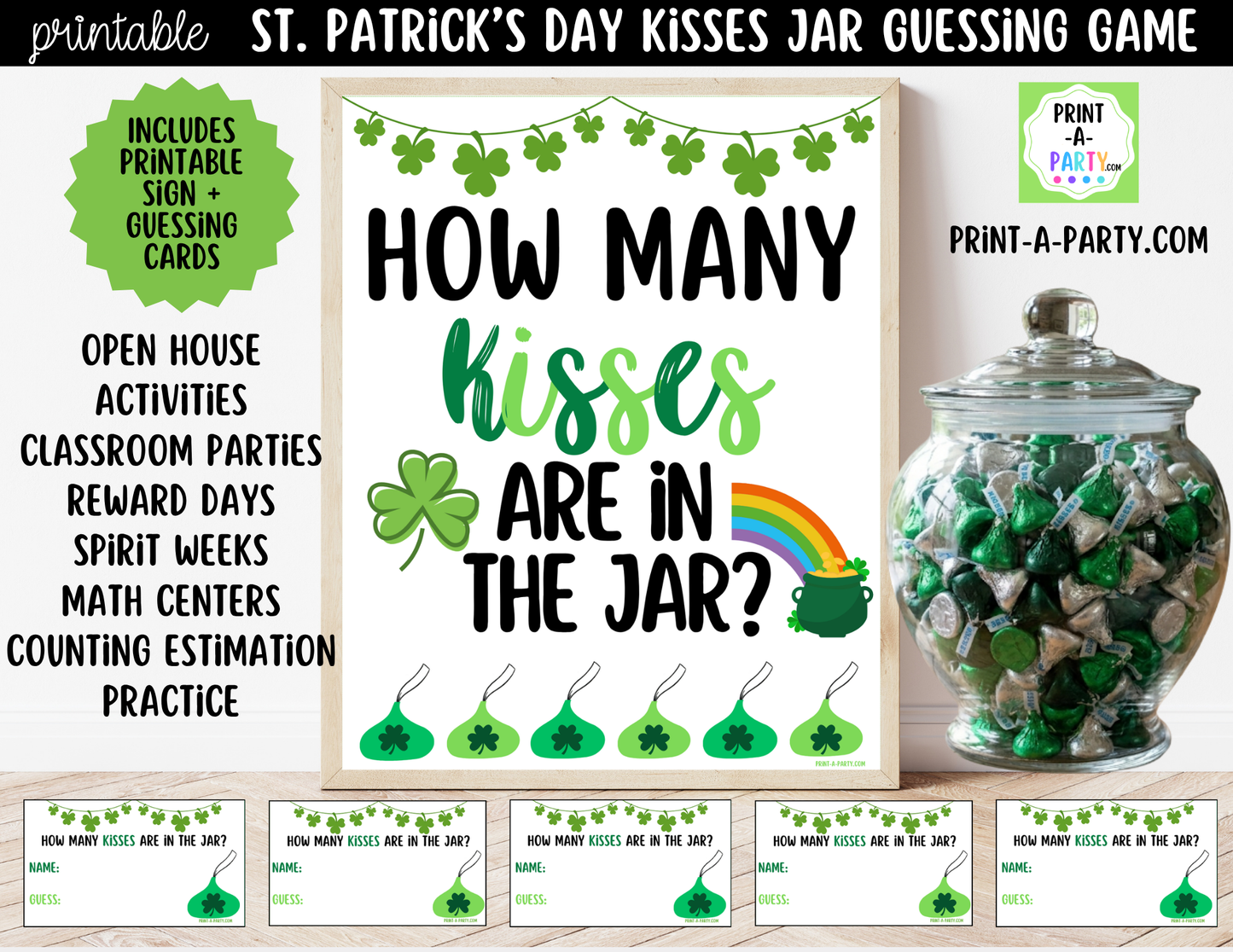 St. Patrick's Day Kisses Jar Game Printable Sign (8x10) and Guessing Cards for Holiday Parties