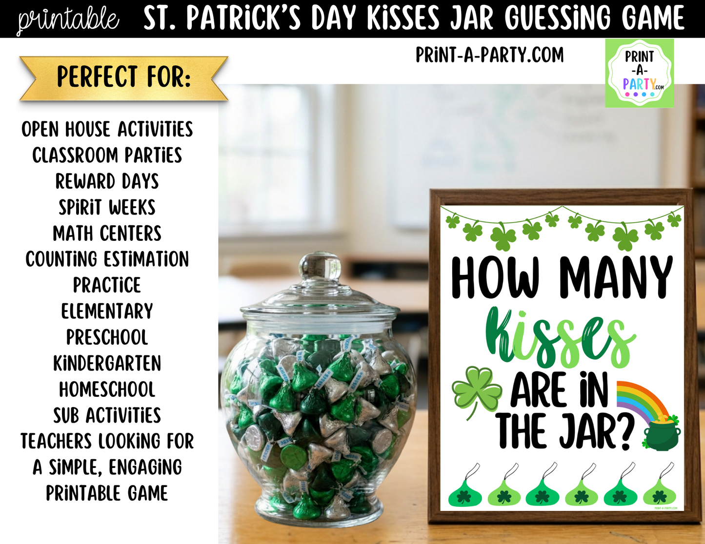 St. Patrick's Day Kisses Jar Game Printable Sign (8x10) and Guessing Cards for Holiday Parties